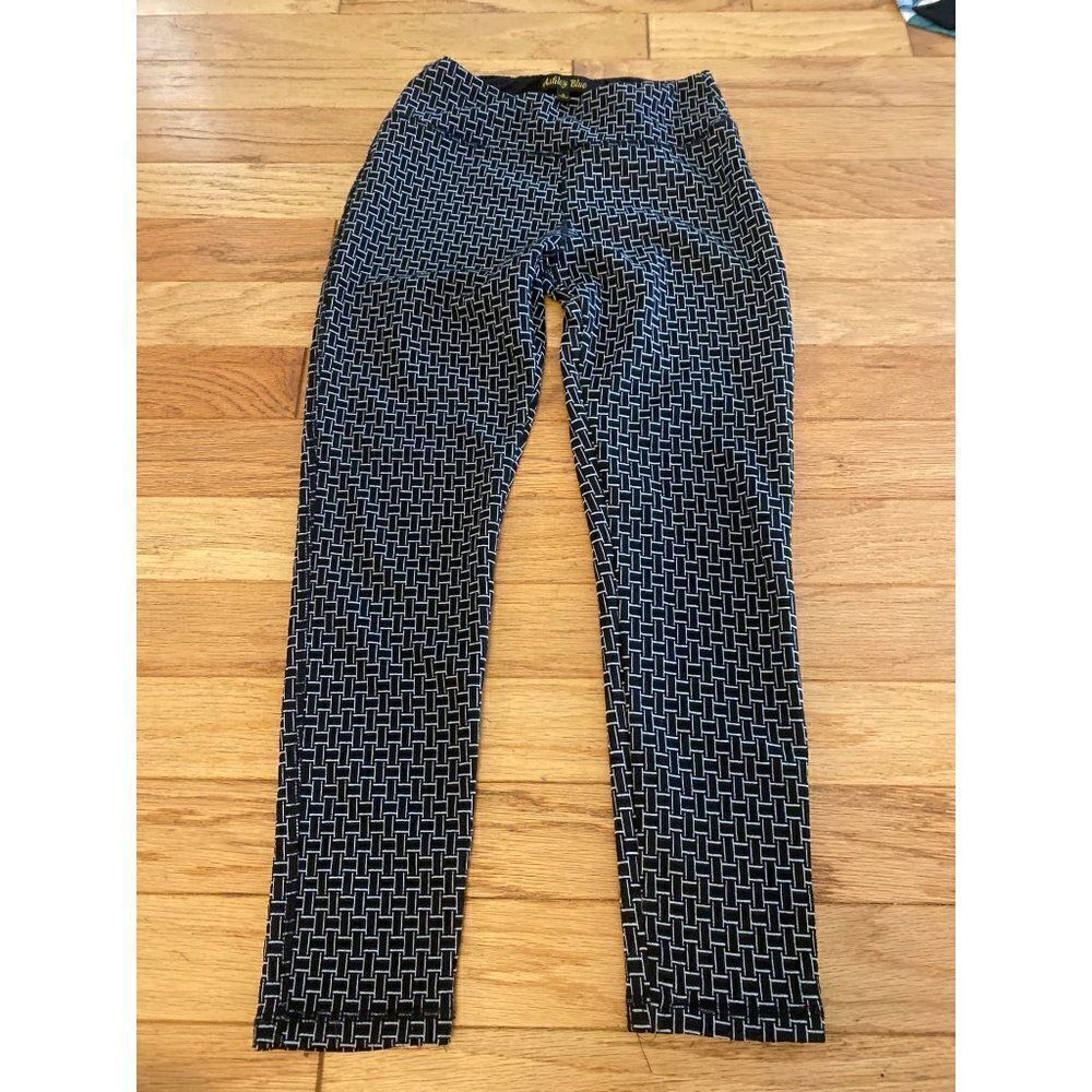 Ashley Blue, women's elastic waist, pull on, skinny patterned dress pants sz SM